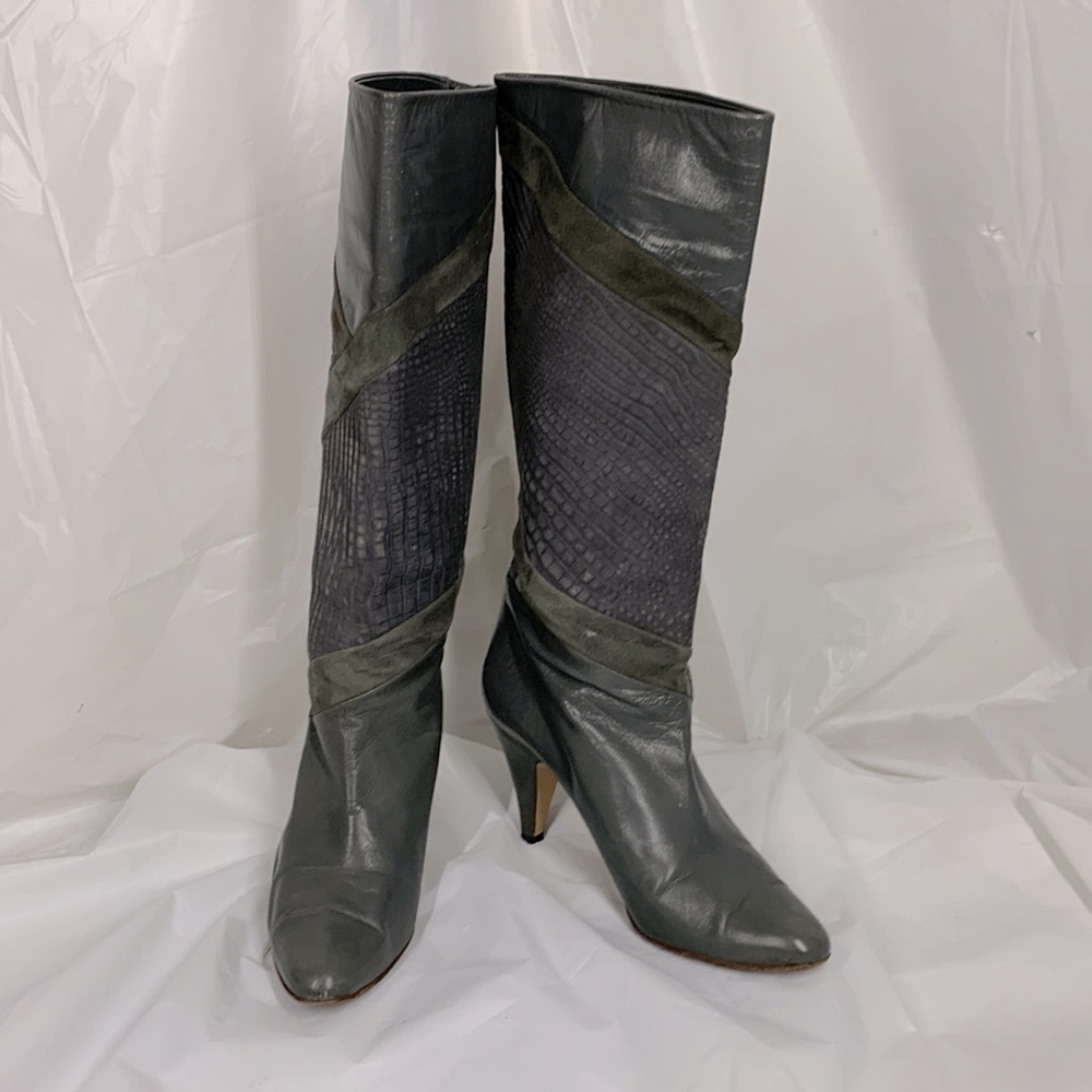 Nina Gray Leather Heeled Boots Size 8M